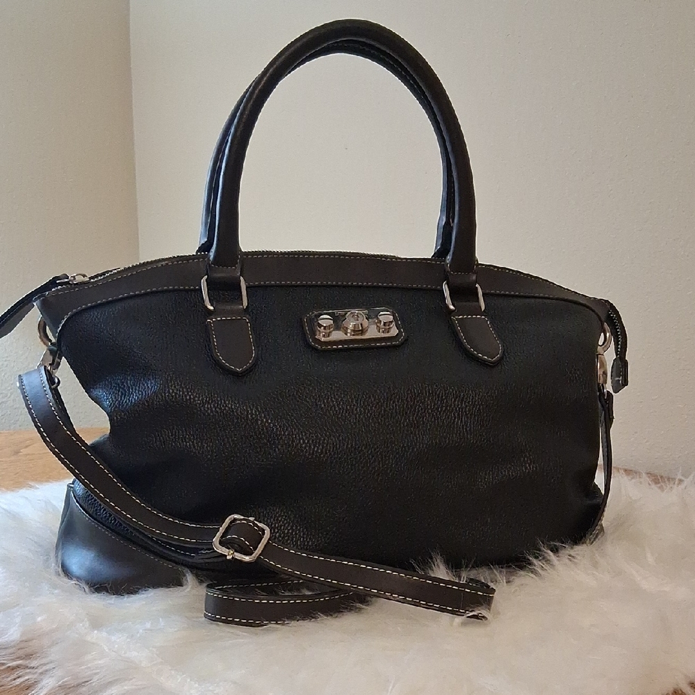 London Fog Blackbrown/Brown Satchel Crossbody Handbag